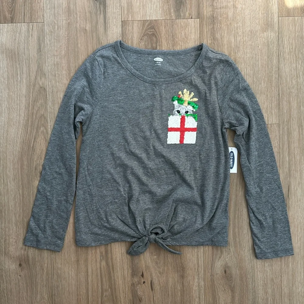 Old Navy Kids Gray Long Sleeve Tie Front Shirt Cat Present Sequin‎ Graphic Large